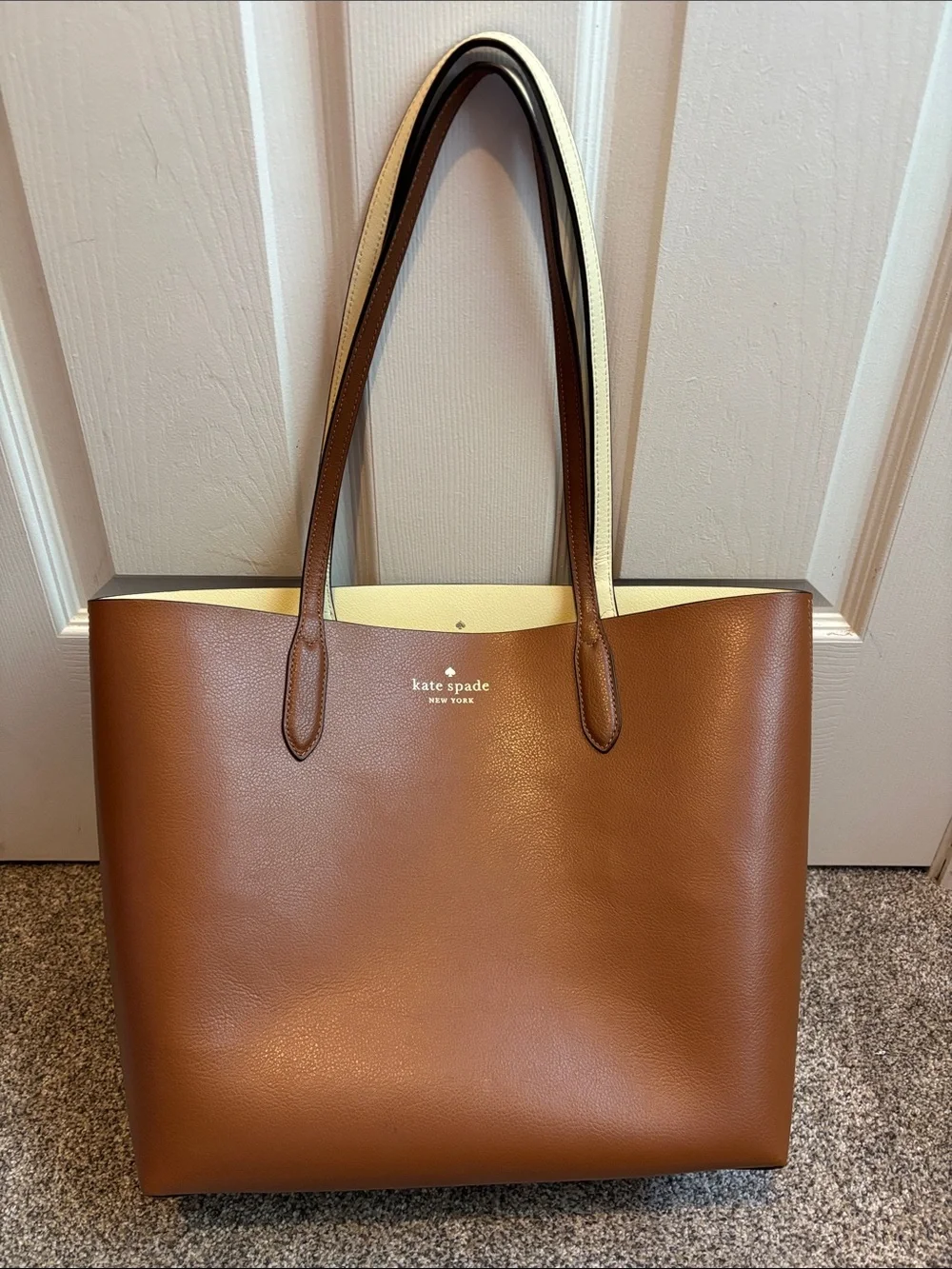 kate spade brown leather tote with cream interior trim